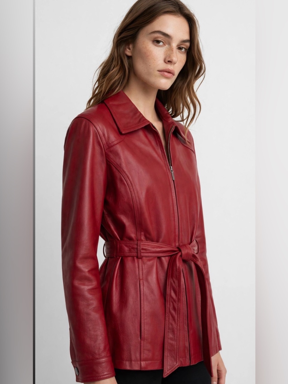 East 5th Vintage women’s genuine red leather belted zip-up lined jacket size L